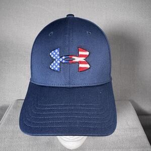 Under Armour Hat Cap Fitted Mens Small Medium Navy USA Flag Freedom Blitzing